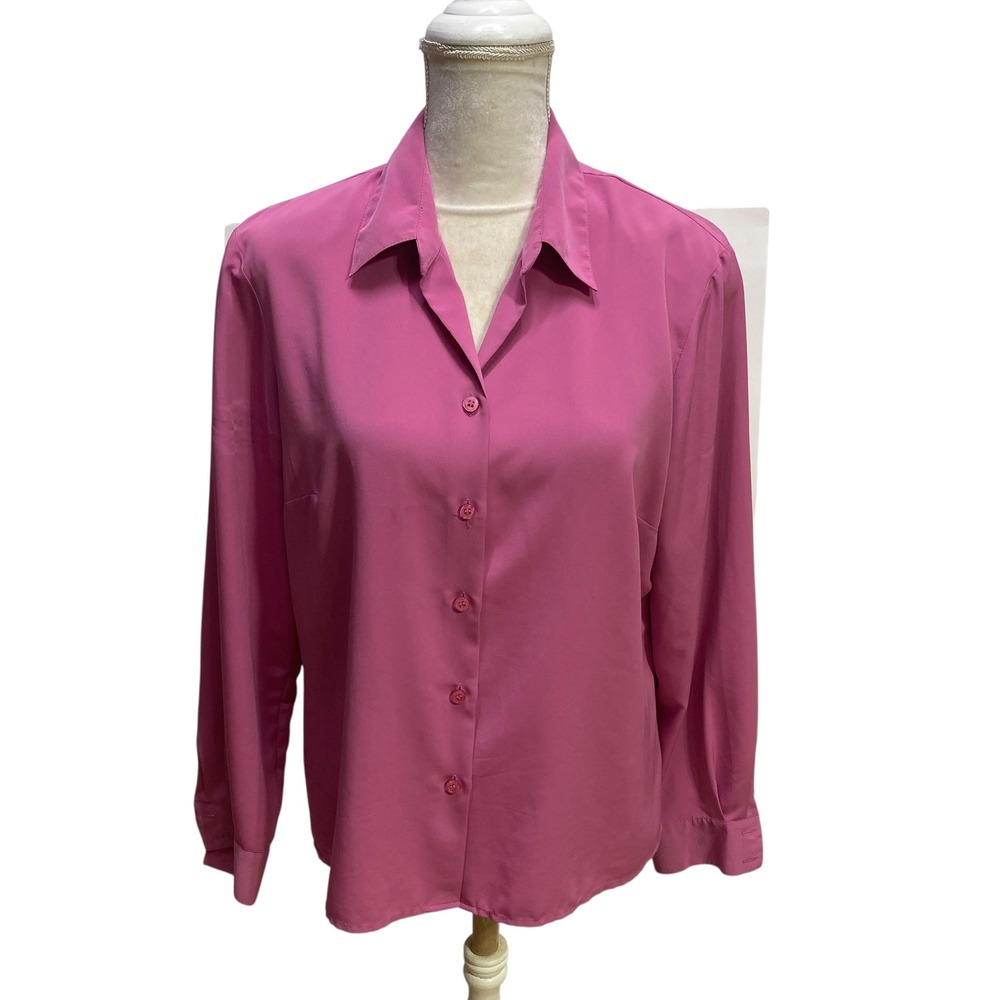 Notations Womens Pink Button Front Blouse Long Sleeve Shoulder Pads Size L